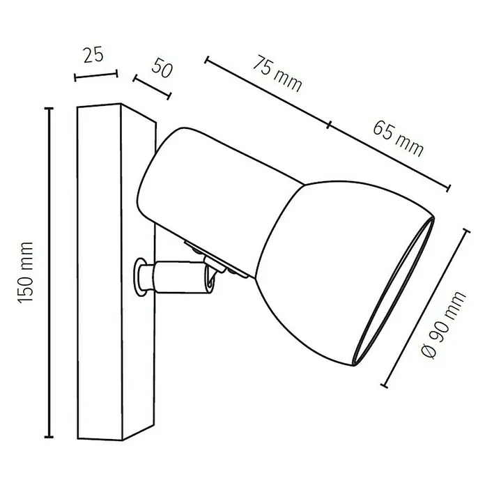 Spotlight Deckenstrahler Svenda - 60 W, L x B x H: 15 x 9 x 15 cm, Eiche, E27 - Technische Zeichnung einer Wandleuchte mit den Maßen 150 mm Höhe, 25 mm Breite, 50 mm Tiefe, 75 mm Länge und 90 mm Durchmesser.