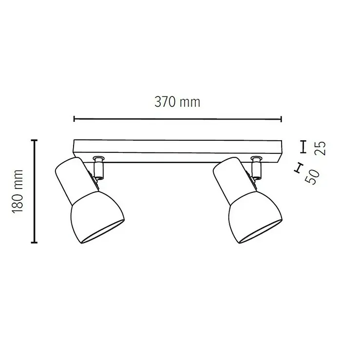Spotlight Deckenstrahler Svenda - 120 W, L x B x H: 37 x 9 x 18 cm, Eiche, E27 - Produktskizze einer Doppelstrahlerleuchte mit den Maßen 370 mm Breite und 180 mm Höhe, Montageelement 25mm, Verbindungselement 50 mm.