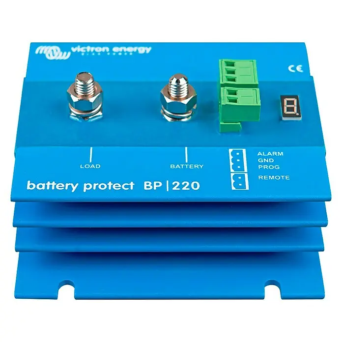 Batterie-Erhaltungsgerät BatteryProtect BP-220 - 120 x 123 x 62 mm - Produktansicht des Victron Energy Battery Protect BP 220, ein Gerät zum Schutz von Batterien mit klarer Kennzeichnung der Anschlüsse.