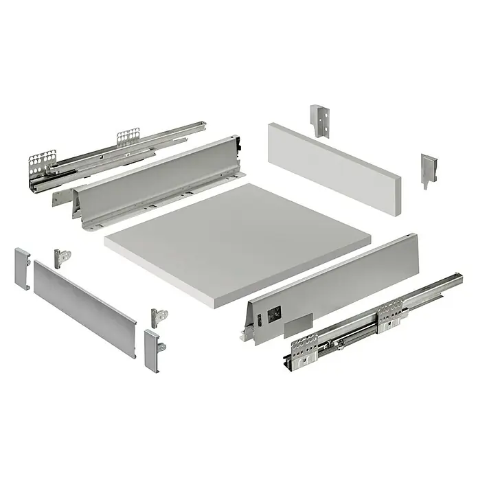Cajón Modul Box Plus - L x An x Al: 56,8 x 51,4 x 7 cm - Esta imagen muestra un conjunto de cajones desmontado en gris claro, incluyendo paneles laterales, panel posterior y correderas. Ideal para la construcción de muebles.