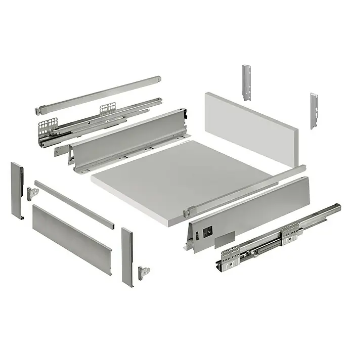 Cajón Modul Box Plus - L x An x Al: 56,8 x 51,4 x 18,4 cm - Vista explosionada de un sistema de cajón moderno. Herrajes de metal y componentes de madera se muestran por separado.