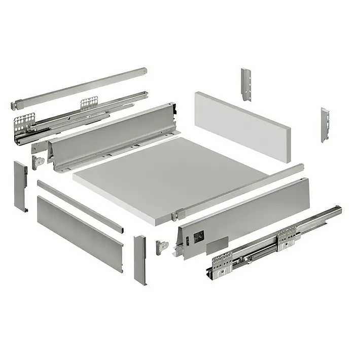 Cajón Modul Box Plus - L x An x Al: 56,8 x 51,4 x 15,2 cm - Vista explotada de un cajón que muestra los diferentes componentes y su montaje.