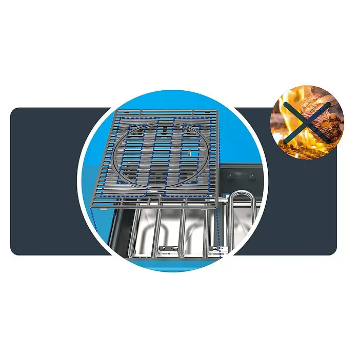 Campingaz Gasgrill 4 Series Premium - Grillfläche (B x T): 72 x 46 cm, 13,6 kW, Anzahl Brenner: 4 - Darstellung eines Grills mit Grillrost und Brennern, hervorgehoben durch blaue Linien und einen runden Rahmen.