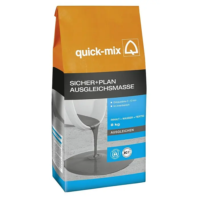 Quick-Mix Ausgleichsmasse Sicher+Plan - 8 kg, Schichtdicke: 1 mm - 10 mm - quick-mix SICHER+PLAN Ausgleichsmasse: Eine selbstverlaufende, zementäre Ausgleichsmasse zum Glätten von Böden im Innenbereich, 8 kg Sack.
