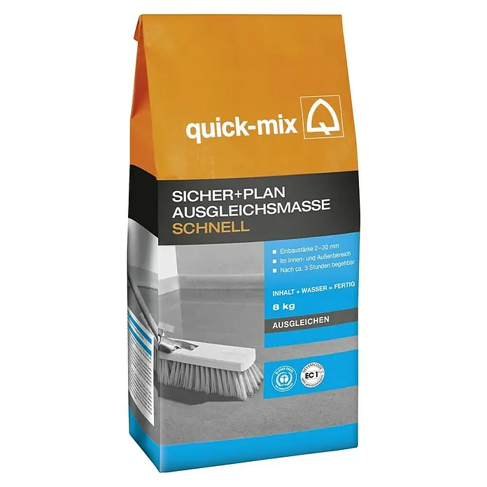 Quick-Mix Ausgleichsmasse Schnell - 8 kg, Schichtdicke: 2 mm - 30 mm - Abbildung eines 8 kg Sackes Quick-Mix Sicher+Plan Ausgleichsmasse Schnell zum Ausgleichen von Unebenheiten im Innen- und Außenbereich.