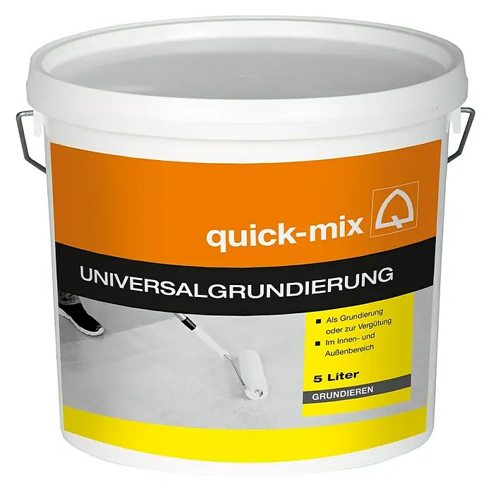 Quick-Mix Grundierung - 5 l - Das Bild zeigt einen Eimer Quick-Mix Universalgrundierung, geeignet für Innen- und Außenbereiche und mit einem Volumen von 5 Litern.