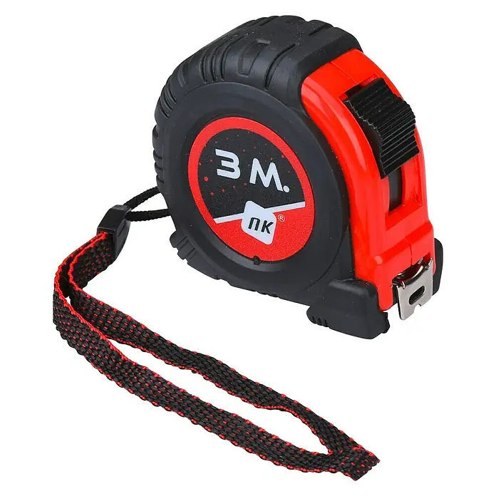 Cinta métrica extensible - Largo: 3 m, Acero - La imagen muestra una cinta métrica retráctil de 3 metros con detalles rojos, carcasa negra y correa de muñeca.