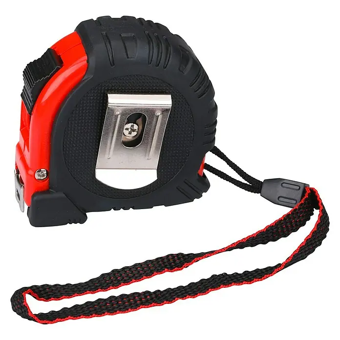 Cinta métrica extensible - Largo: 3 m, Acero - Primer plano de una robusta cinta métrica roja y negra con correa para la muñeca y clip para el cinturón, ideal para mediciones precisas.