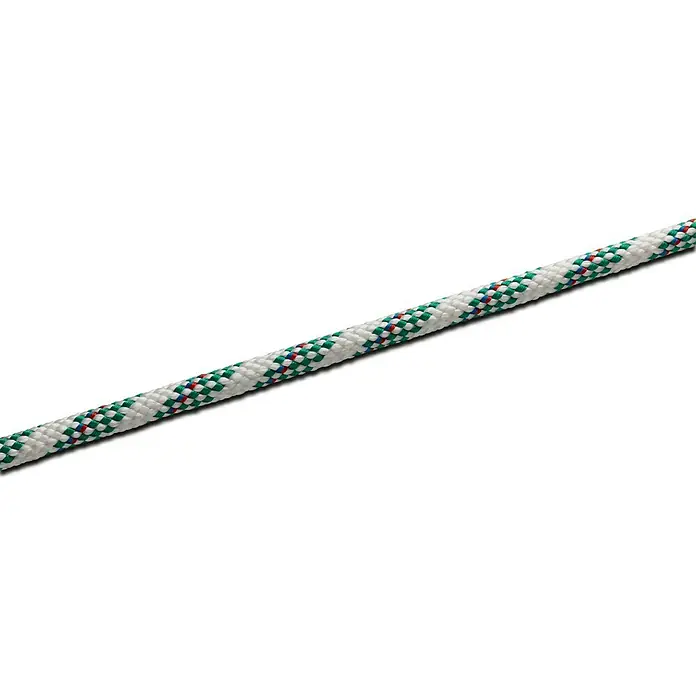 Seilflechter Cabo a metros Atlantik plus - Diámetro: 12 mm, Poliéster, Verde - Primer plano de una cuerda trenzada resistente con un patrón blanco, verde y rojo, perfecta para actividades al aire libre y seguridad.