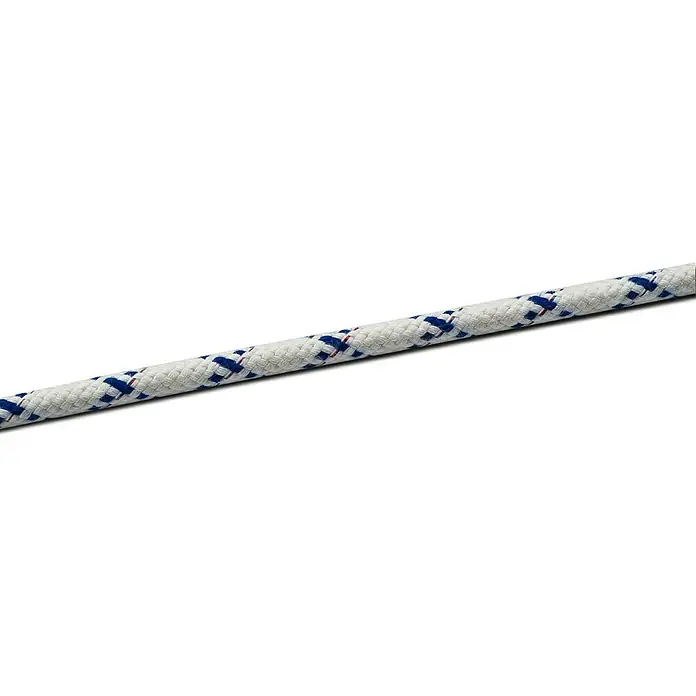 Seilflechter Cuerda de amarre a metros Olympia Star - Diámetro: 8 mm, Poliéster, Blanco/Azul marino - Primer plano de una cuerda blanca con marcas azules y rojas, que cruza diagonalmente el marco.