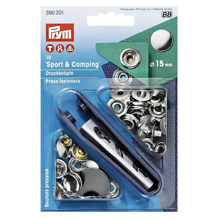 Seilflechter Cierre giratorio Sport & Camping - Latón, 10 ud. - Paquete de botones a presión Prym Sport & Camping, 10 unidades, diámetro 15 mm, con herramienta para una fácil fijación, ideal para ropa de exterior.