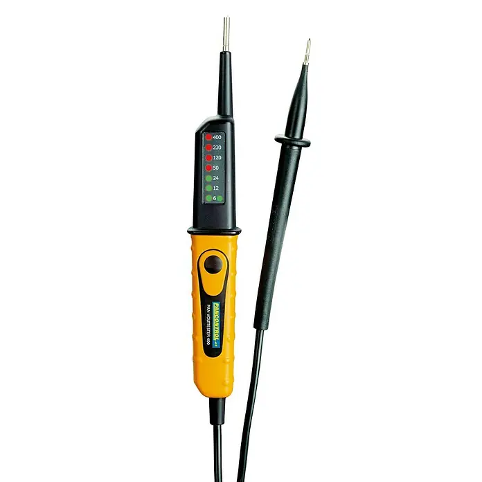 Pancontrol Spannungsprüfer Spannungsprüfer mit LED-Anzeige PAN Volttester 400 - Polanzahl: 2 Stk., Messbereich Gleichspannung: 6 V - 400 V, Messbereich Wechselspannung: 6 V - 400 V - Abbildung eines zweipoligen Spannungsprüfers mit LED-Anzeige zur präzisen Messung elektrischer Spannungen in verschiedenen Bereichen.
