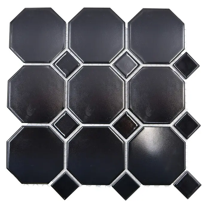 Mosaikfliese Octa G 940N - 30 x 30 cm, Schwarz, Matt - Elegante schwarze Mosaikfliesen mit achteckigen und rautenförmigen Elementen, ideal für stilvolle Innenräume.