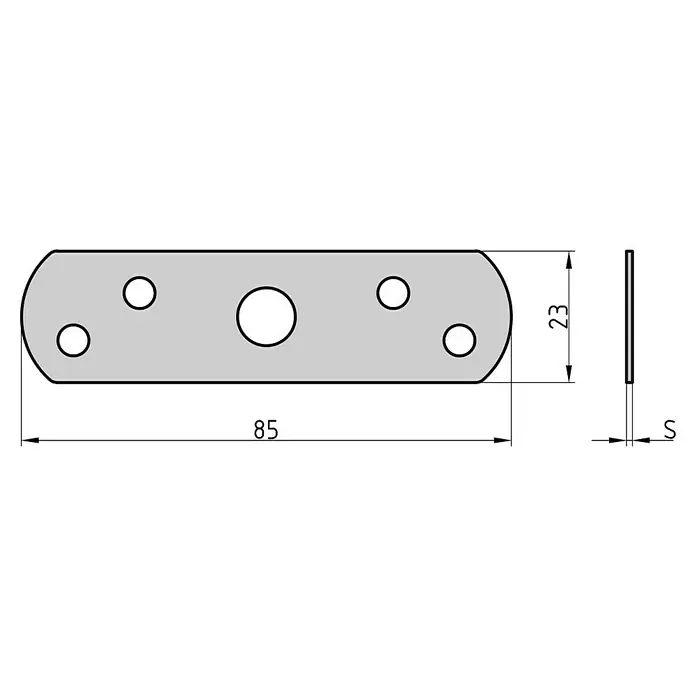 Basi Distanzplatten-Set - Passend für: BASI Fensterzusatzsicherung FS 500, Weiß - Abbildung einer länglichen Metallplatte mit abgerundeten Enden und mehreren Löchern, inklusive Bemaßungen zur Veranschaulichung.