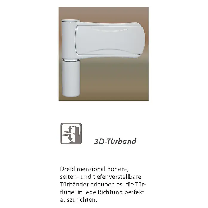 Solid Elements Haustür 1005 inklusive Griffset - 100 x 210 cm, DIN Anschlag: Rechts, Weiß - Nahaufnahme eines weißen, dreidimensional verstellbaren Türbands zur perfekten Ausrichtung von Türflügeln.