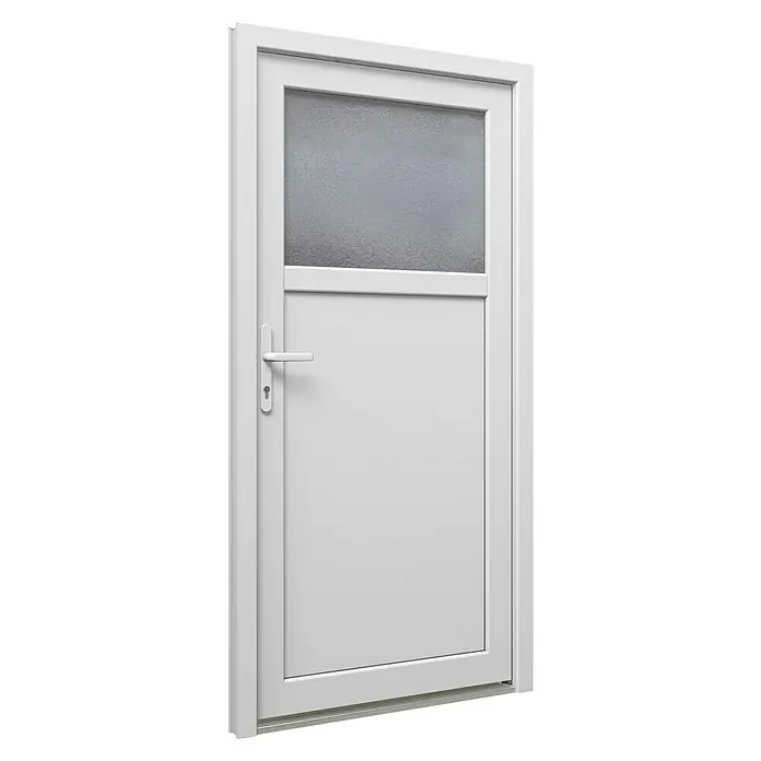 Solid Elements Nebeneingangstür 8002 - 98 x 198 cm, DIN Anschlag: Links, Weiß - Weiße Tür mit einem Glaseinsatz im oberen Bereich, die eine moderne und schlichte Optik bietet. Ideal für den Innen- und Außenbereich.