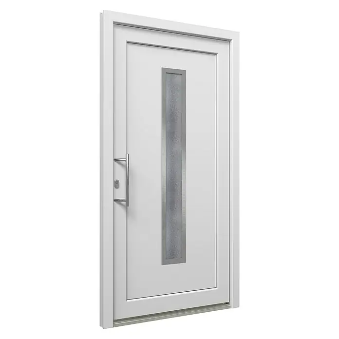 Solid Elements Haustür 1005 inklusive Griffset - 100 x 210 cm, DIN Anschlag: Links, Weiß - Eine moderne, weiße Haustür mit einem schlanken, vertikalen Glaseinsatz und einem eleganten, silberfarbenen Türgriff. Die Tür wirkt einladend und sicher.