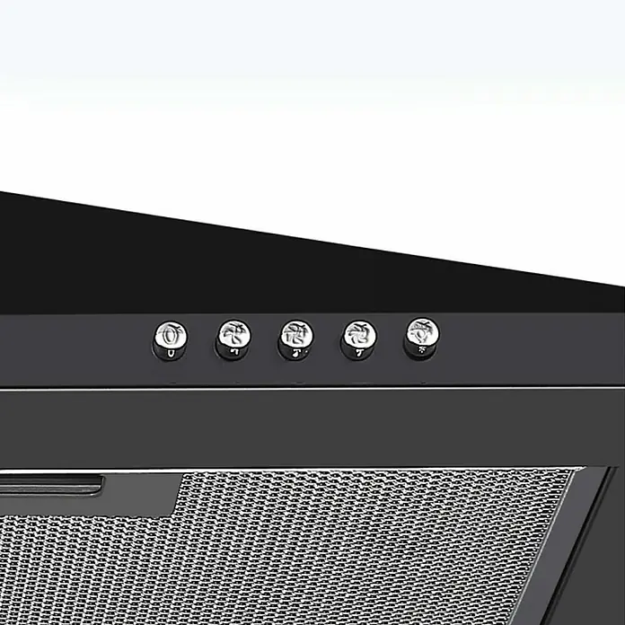 Respekta Campana de pared Karena - Ancho: 90 cm, Máx. Potencia del ventilador en modo extracción: 326,3 m³/h, Negro - Primer plano de la campana extractora negra con botones para controlar la velocidad del ventilador y la iluminación.