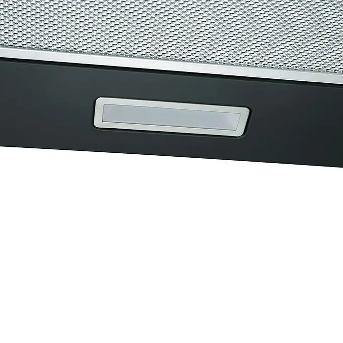 Respekta Campana de pared Karena - Ancho: 90 cm, Máx. Potencia del ventilador en modo extracción: 326,3 m³/h, Negro - Primer plano de una campana extractora con filtro metálico e iluminación LED.