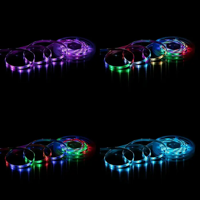 Prisma Leuchten LED-Band Flexband - Länge: 5 m, Mehrfarbig - LED-Streifen in verschiedenen Farben auf schwarzem Hintergrund, ideal für stimmungsvolle Beleuchtung im Innenbereich.