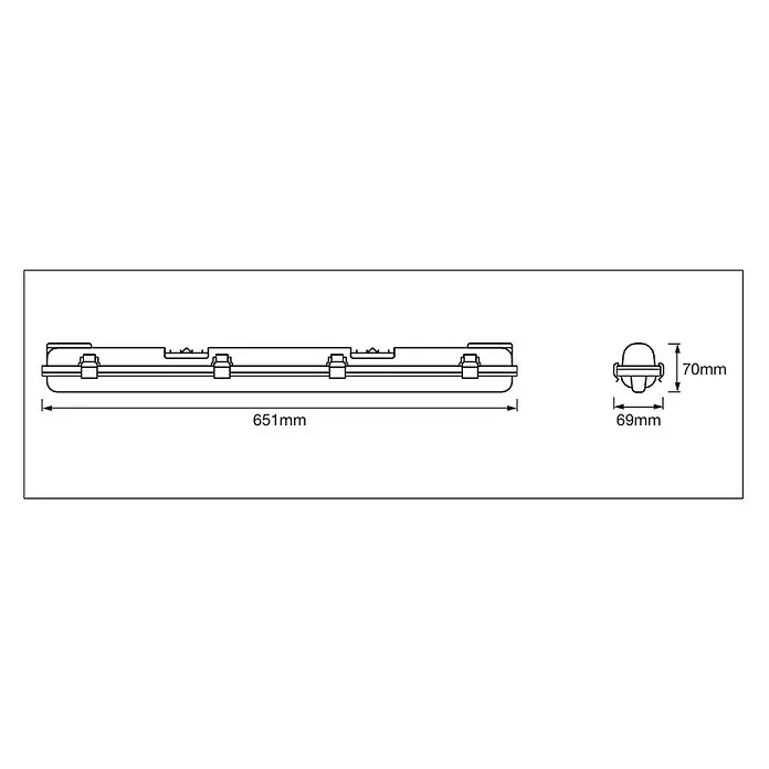 Osram LED-Feuchtraumlichtleiste Submarine - L x B x H: 65,5 x 7,2 x 8,6 cm, Lichtfarbe: Neutralweiß, 7 W, IP65 - Eine technische Zeichnung einer LED-Leuchte mit Maßangaben für Länge, Breite und Höhe.