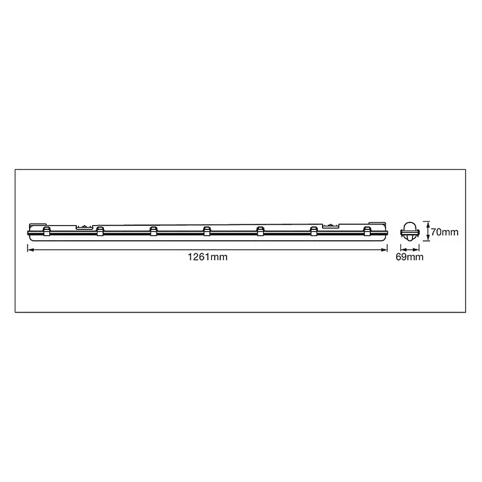 Osram LED-Feuchtraumlichtleiste Submarine - L x B x H: 120,6 x 6,7 x 7,5 cm, Lichtfarbe: Neutralweiß, 15 W, IP65 - Produktdarstellung: Eine Leuchtstofflampe mit einer Länge von 1261 mm und einer Breite von 69 mm und einer Höhe von 70 mm.