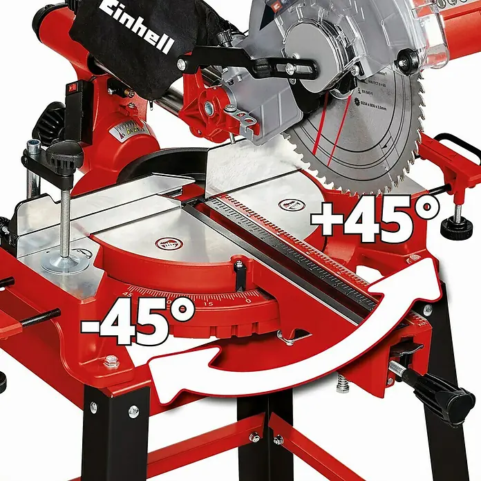 Einhell Sierra ingletadora telescópica TC-SM 2531/2 U - 1.900 W, Diámetro hoja de sierra: 254 mm, Número de revoluciones de marcha en vacío: 1.900 r.p.m. - Imagen de una sierra ingletadora Einhell que muestra ajustes de ángulo de -45° a +45° para cortes precisos.