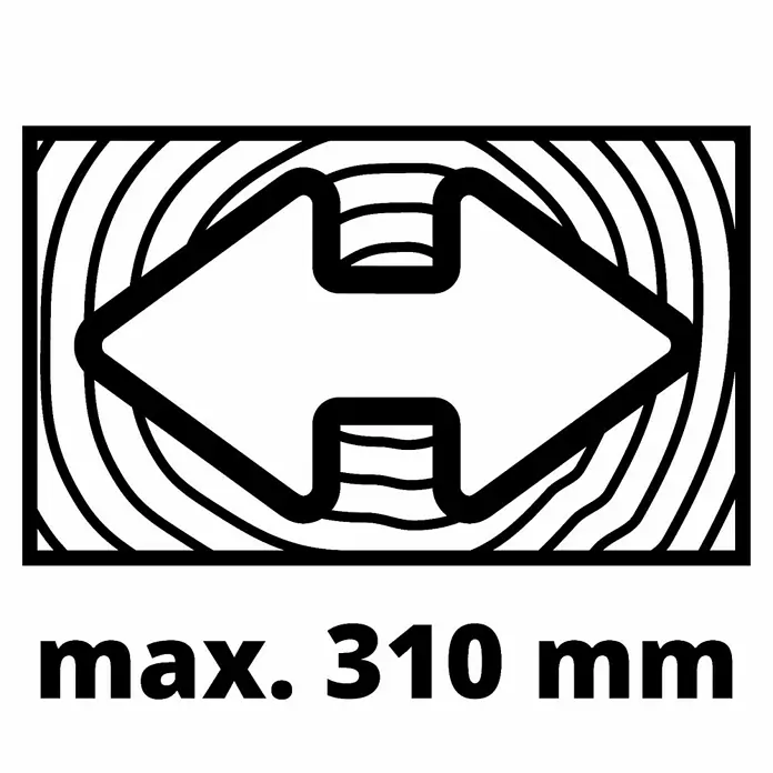 Einhell Sierra ingletadora telescópica TC-SM 2531/2 U - 1.900 W, Diámetro hoja de sierra: 254 mm, Número de revoluciones de marcha en vacío: 1.900 r.p.m. - Imagen del producto que muestra la marca "máx. 310 mm" para el tamaño máximo de la pieza.