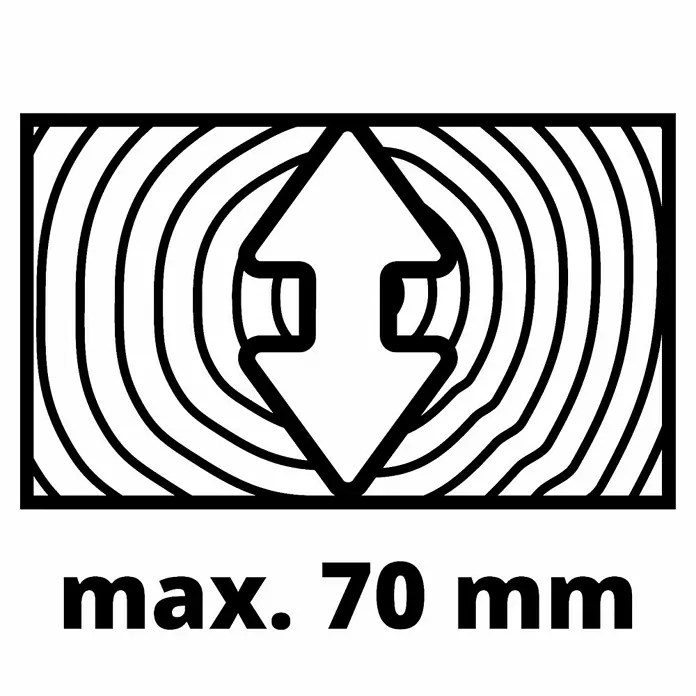 Einhell Sierra ingletadora telescópica TC-SM 2531/2 U - 1.900 W, Diámetro hoja de sierra: 254 mm, Número de revoluciones de marcha en vacío: 1.900 r.p.m. - Símbolo del grosor máximo de madera de 70 mm, representado con una flecha y anillos de árbol.
