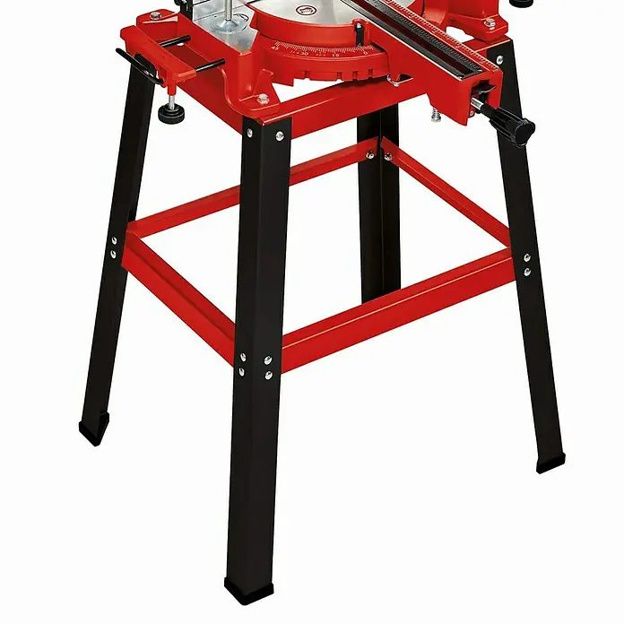 Einhell Sierra ingletadora telescópica TC-SM 2531/2 U - 1.900 W, Diámetro hoja de sierra: 254 mm, Número de revoluciones de marcha en vacío: 1.900 r.p.m. - Sierra ingletadora roja Einhell sobre un soporte resistente negro y rojo, ideal para cortes de madera precisos.