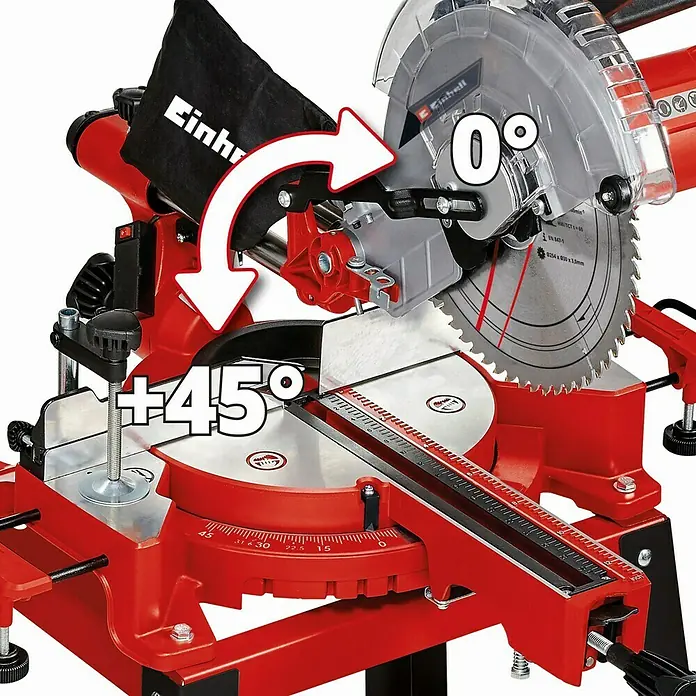 Einhell Sierra ingletadora telescópica TC-SM 2531/2 U - 1.900 W, Diámetro hoja de sierra: 254 mm, Número de revoluciones de marcha en vacío: 1.900 r.p.m. - Imagen de una sierra ingletadora roja Einhell ajustable a +45° y 0°, mostrando su versatilidad para los cortes.