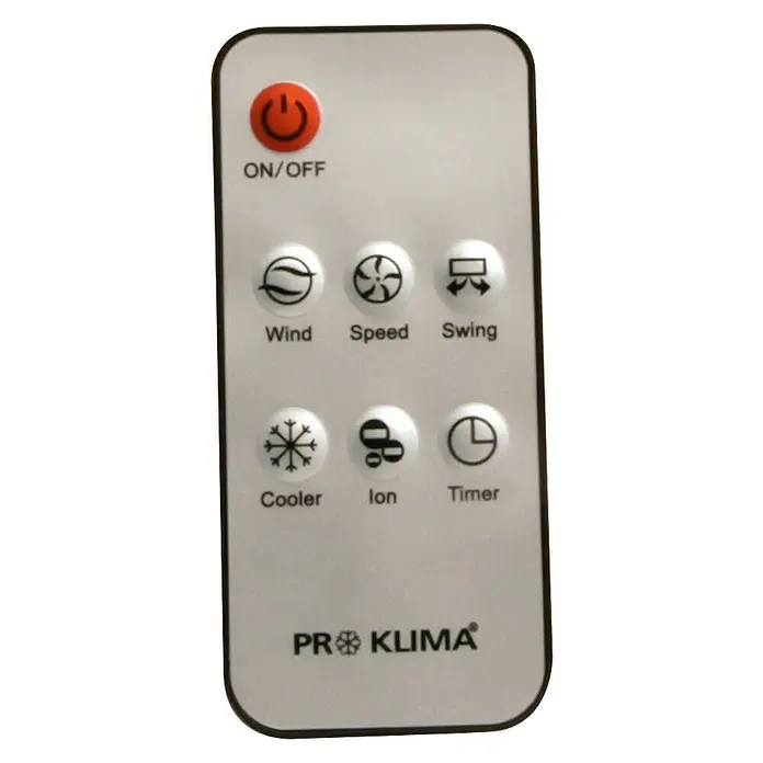 PR Klima Climatizador evaporativo 13 L - Blanco/Negro, Altura: 81 cm - Mando a distancia Pro Klima con botones para encendido/apagado, viento, velocidad, giro, enfriador, ion y temporizador.