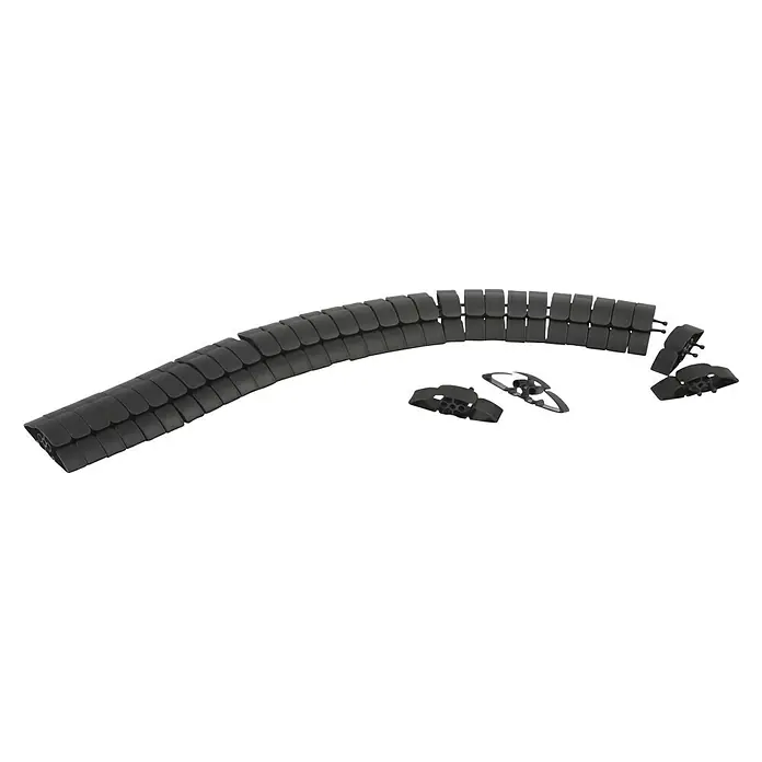 Schneider Electric Guía pasacables flexible - Plástico, Largo: 1.000 mm, Negro - Un organizador de cables negro curvado, compuesto por varias piezas individuales alineadas, para organizar y proteger los cables.