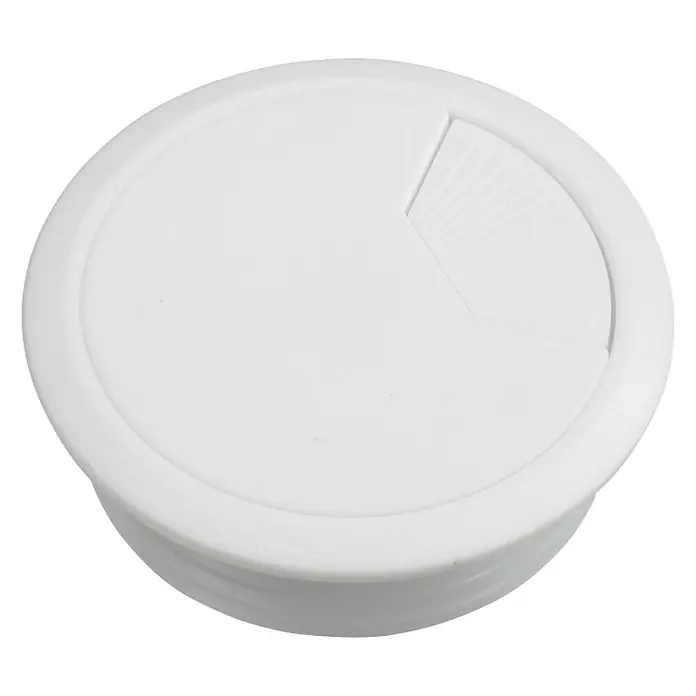 Schneider Electric Pasacables - Blanco, 60 mm - Primer plano de un pasacables de escritorio blanco, perfecto para organizar cables en escritorios y superficies de trabajo.