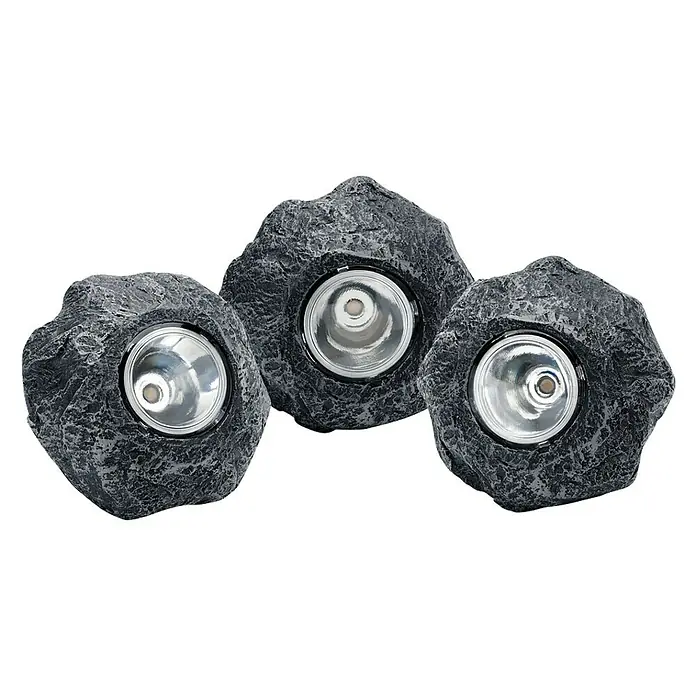 Pontec Teichbeleuchtung LED Set Rocklight 3er Pondostar - 230 V, Warmweiß - Nahaufnahme von drei Steinleuchten mit eingelassenen Strahlern, ideal für Garten- oder Landschaftsbeleuchtung mit natürlichem Look.