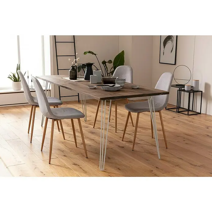 Wagner System Möbelfuß Hairpinlegs - Stahl, Höhe: 71 cm, Licht Grau - Elegantes Esszimmer-Set mit Holztisch und vier grauen Stühlen. Das moderne Design bereichert jeden Raum.