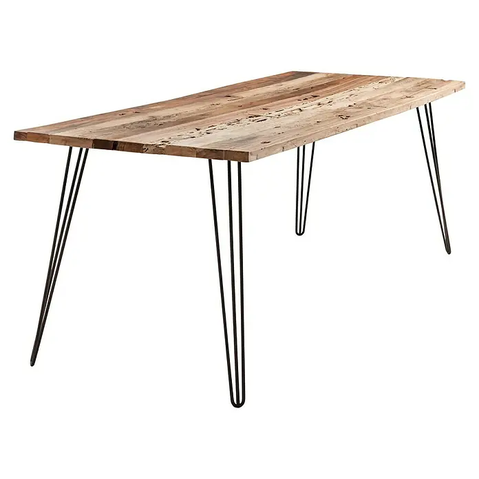 Wagner System Möbelfuß Hairpinlegs - Stahl, Höhe: 71 cm, Schwarz - Ein rustikaler Holztisch mit dreibeinigen Metallbeinen. Der Tisch hat eine natürliche, warme Ausstrahlung durch seine Holzoberfläche.