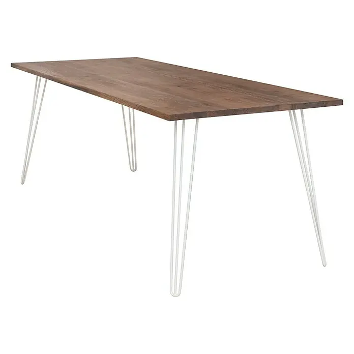 Wagner System Möbelfuß Hairpinlegs - Stahl, Höhe: 71 cm, Licht Grau - Ein rechteckiger Esstisch mit einer braunen Holzplatte und weißen Haarnadelbeinen, die dem Tisch einen modernen Touch verleihen.