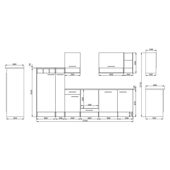 Respekta Composición de cocina Hilde - Ancho: 310 cm, Blanco, Con electrodomésticos - Un dibujo esquemático detallado de una unidad de cocina con varios armarios y cajones, incluyendo todas las dimensiones relevantes.