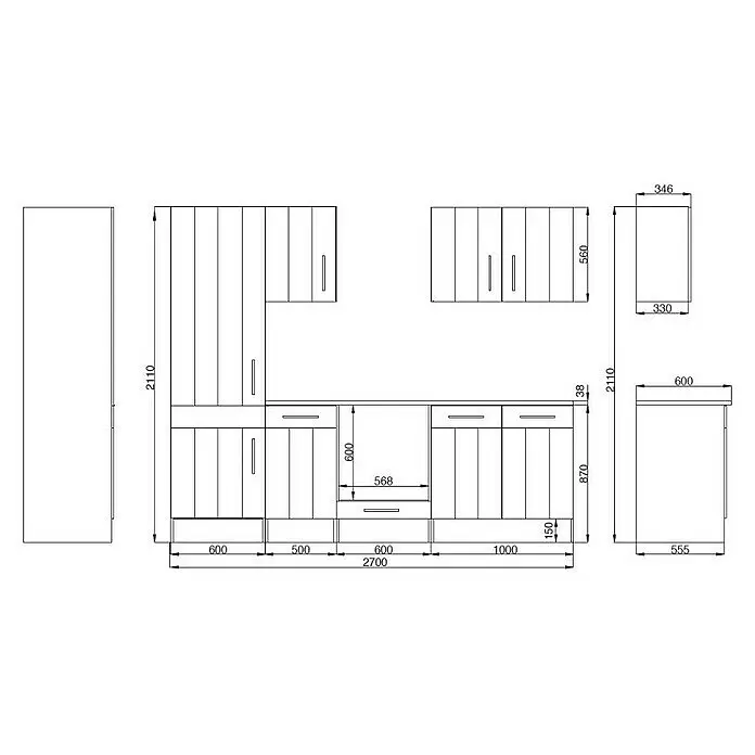 Respekta Premium Composición de cocina Anton - Ancho: 270 cm, Blanco, Con electrodomésticos - Dibujo técnico de muebles de cocina modulares con dimensiones para una unidad de cocina completa.