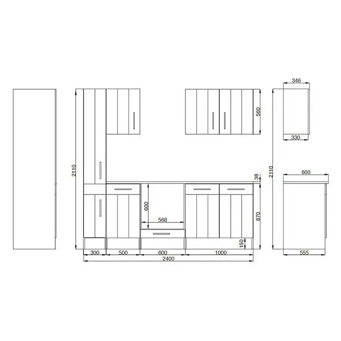 Respekta Premium Küchenzeile Anton - Breite: 240 cm, Weiß, Mit Elektrogeräten - Skizze einer Kücheneinrichtung mit Maßen, die verschiedene Schränke, Schubladen und die Gesamtabmessungen der Anordnung zeigt.