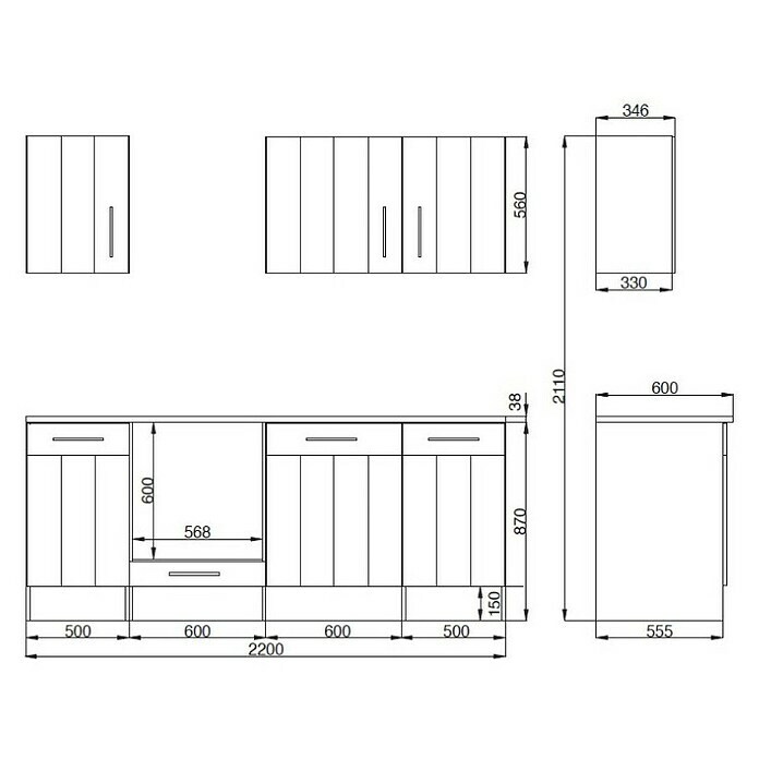 Respekta Premium Küchenzeile BERP220LHWCBreite: 220 cm, Mit Elektrogeräten, Lärche Weiß-Nachbildung Sketch