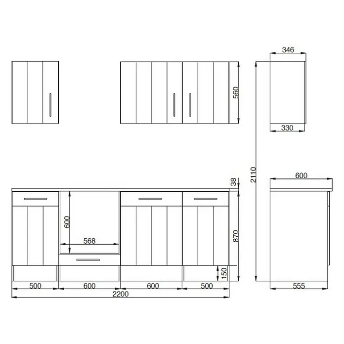 Respekta Premium Composición de cocina Anton - Ancho: 220 cm, Blanco, Con electrodomésticos - Dibujo técnico de un mueble de cocina con dimensiones, compuesto por armarios superiores e inferiores y encimera.
