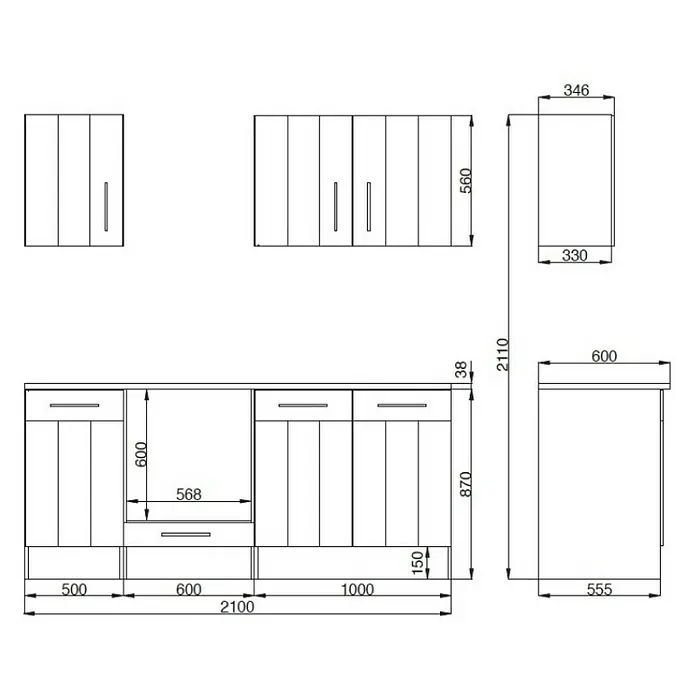 Respekta Premium Küchenzeile Anton - Breite: 210 cm, Weiß, Mit Elektrogeräten - Detaillierte Skizze einer Küchenzeile mit Maßen für Planung & Design. Das Bild zeigt Unterschränke, Hängeschränke und eine Spüle.