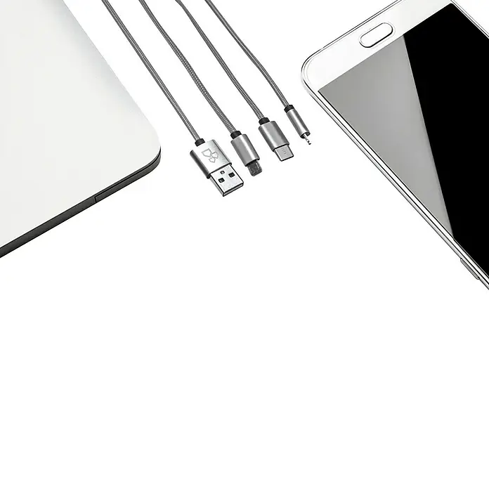BAUHAUS USB-Ladekabel - Silber, 1 m, USB A-Stecker, USB C-Stecker, USB Micro-Stecker, Lightning-Stecker - Mehrfach-Ladekabel mit USB, USB-C, Micro-USB & Lightning Anschlüssen. Kompatibel mit Laptops und Smartphones für vielseitiges Aufladen.