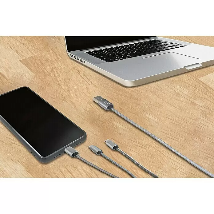 BAUHAUS USB-Ladekabel - Silber, 1 m, USB A-Stecker, USB C-Stecker, USB Micro-Stecker, Lightning-Stecker - Anwendungsbeispiel