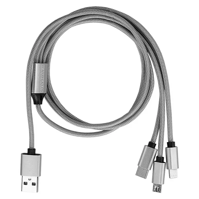 BAUHAUS USB-Ladekabel - Silber, 1 m, USB A-Stecker, USB C-Stecker, USB Micro-Stecker, Lightning-Stecker - Silberfarbenes Bauhaus-Ladekabel mit USB-, Micro-USB- und Lightning-Anschlüssen für verschiedene Geräte.
