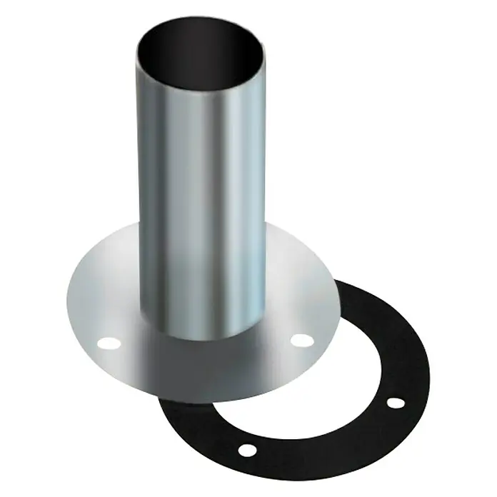 Anclaje de montaje - Acero inoxidable, Plateado - Esta imagen muestra una base de poste de tubo redonda con una placa base circular y una junta negra, perfecta para un montaje seguro de postes.