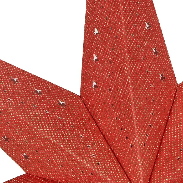 Estrella LED Estrella - Rojo, Color de luz: Blanco cálido, Funciona con pilas - Primer plano de una estrella de Navidad roja con detalles dorados y recortes de estrellas.