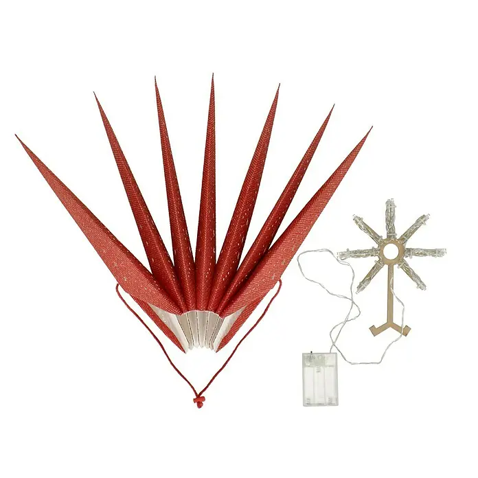 Estrella LED Estrella - Rojo, Color de luz: Blanco cálido, Funciona con pilas - Un festivo abanico rojo con detalles dorados y una estrella radiante iluminada, perfecto para las fiestas.